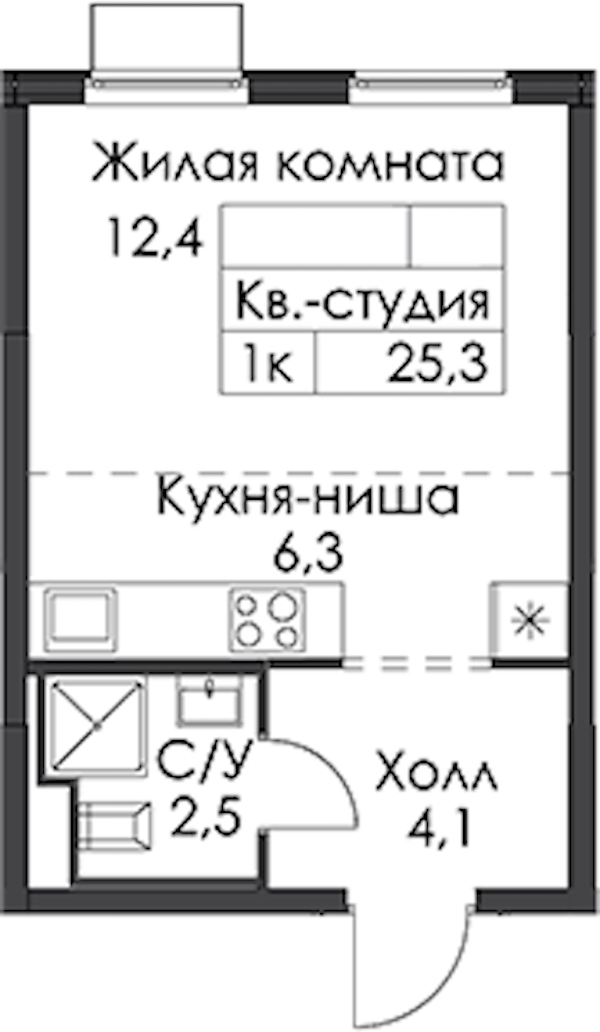 Квартира студия 25.3 м², 22/24 эт., ЖК «Заречный парк»